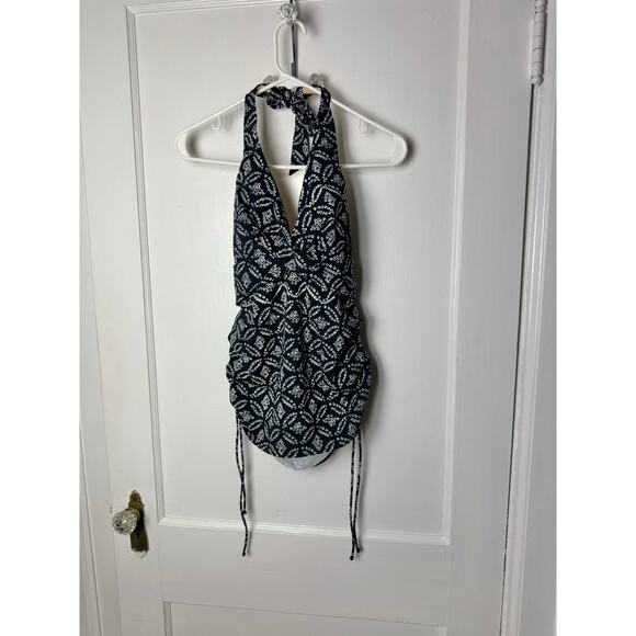 Lands' End Tankini Top Women's 10P Ruched Flattering Black White Halter Padded - Picture 1 of 8